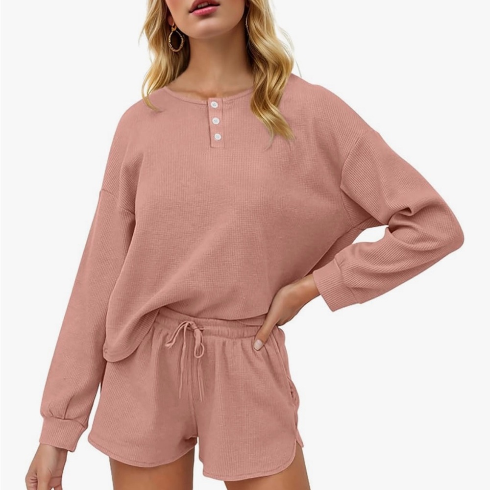 Women’s Rose Pink Waffle Knit Pajama Set with Pockets Sz 2X EUC